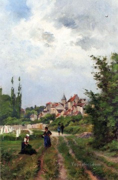  women Painting - Washer Women On A Study Track With A Village Beyond Barbizon landscape Henri Joseph Harpignies